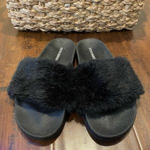 Steve Madden Fuzzy Black Slippers